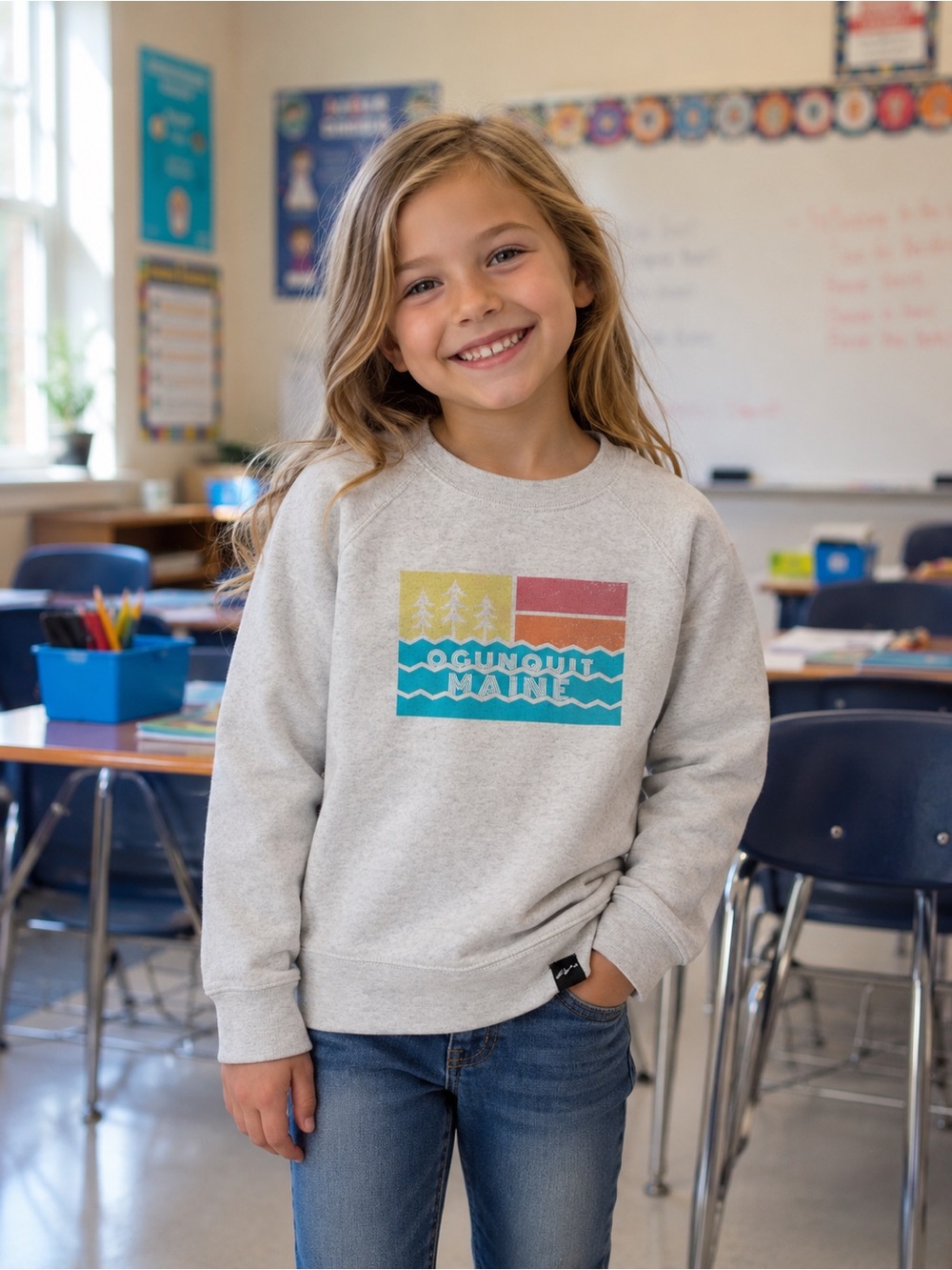 Youth Crewneck Sweatshirt in Heather Gray - Ogunquit Maine Graphic